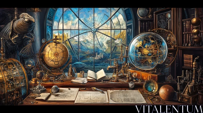 Antique Study with Historic Globes and Maps AI Image