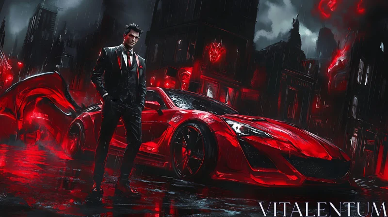 Mystical Night Scene with Red Car and Man in Suit AI Image