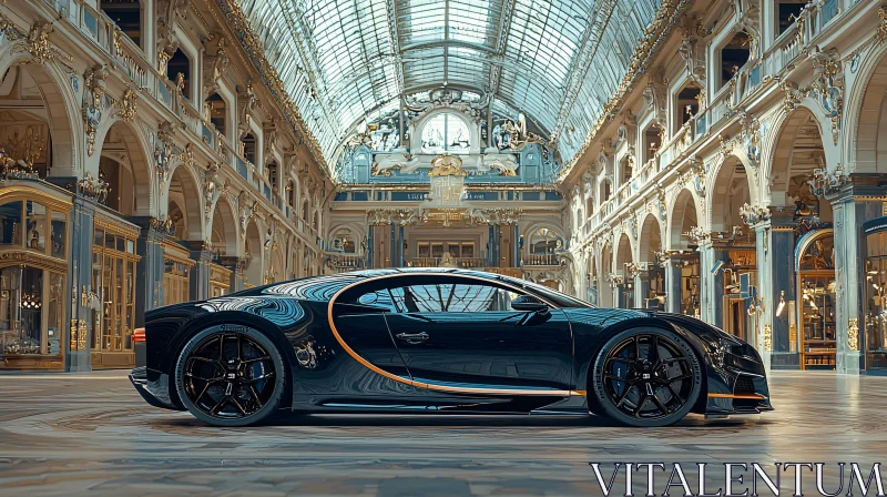 Exotic Black Car in Opulent Indoor Showroom AI Image