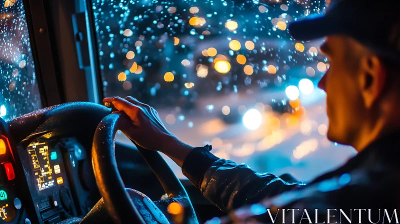 Driver's Perspective in Rainy Night AI Image