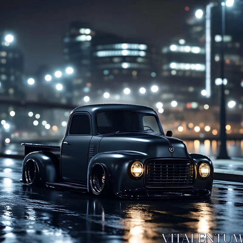 Classic Truck on Wet City Street at Night AI Image