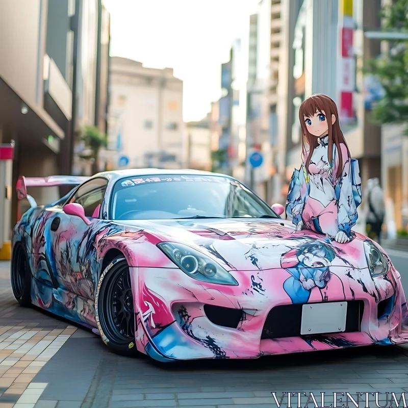 Anime-Themed Sports Car in City Setting AI Image