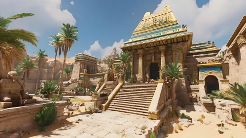 Sunlit Egyptian Temple Surrounded by Desert and Greenery