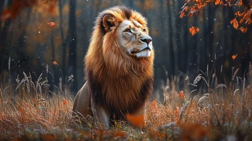 Lion Amidst Autumn Leaves