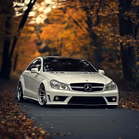Elegant White Mercedes-Benz among Fall Foliage