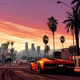 Urban Sunset with Orange Sports Car and Cityscape