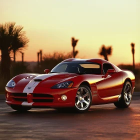 Sunset Drive with a Red Sports Car