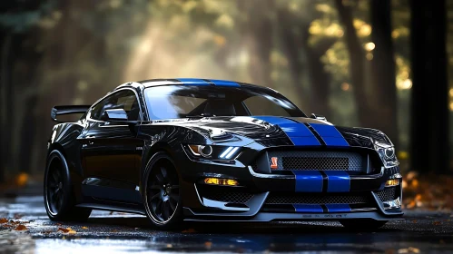 Chic Black Car Adorned with Blue Racing Stripes