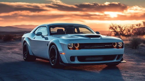 Muscle Car with Headlights On at Dusk