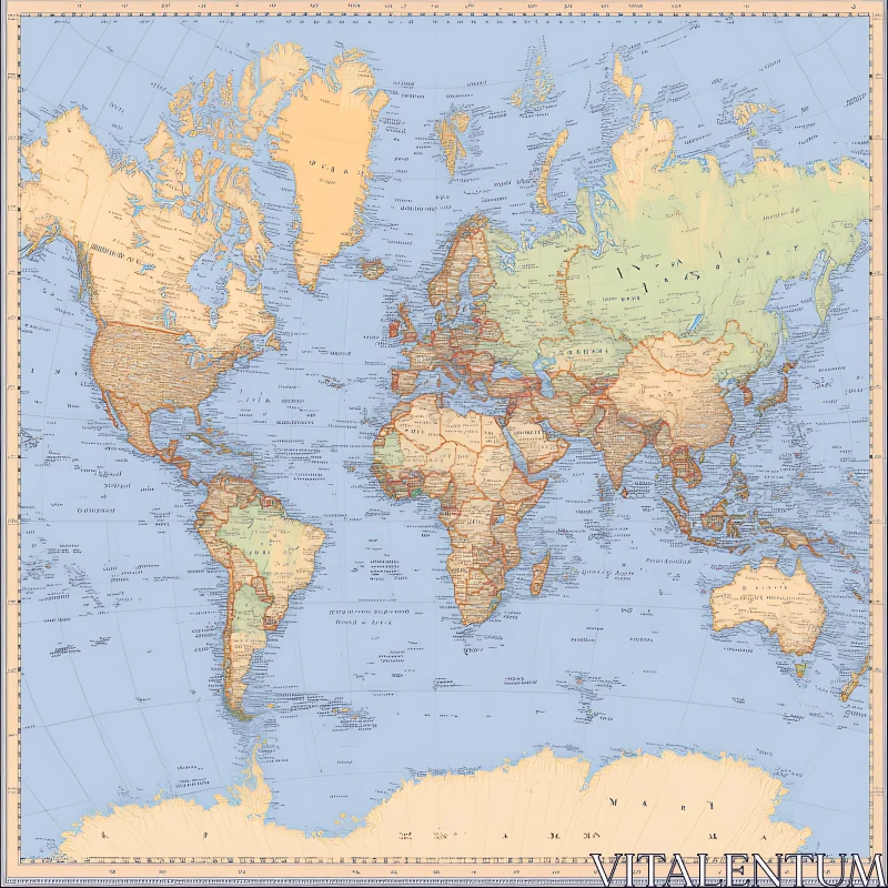 Classic World Map with Political Boundaries and Landforms Classic World Map with Political Boundaries and Landforms