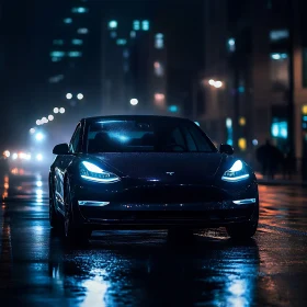 Futuristic Electric Car on Wet Urban Street