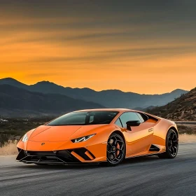 Luxury Sports Car in Orange Against Sunset Mountain Scenery