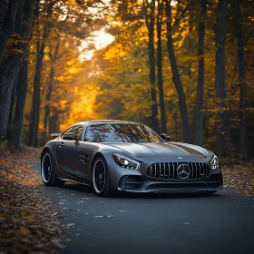 Elegant Grey Mercedes Amidst Autumn Forest