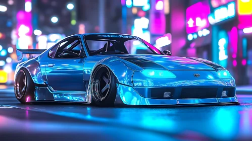 Neon-Lit Blue Sports Car in City Night