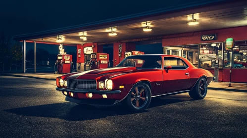 Retro Muscle Car at Nighttime Gas Station