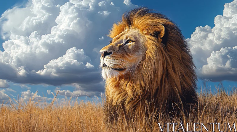 Lion Amidst Clouds and Grasslands