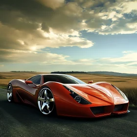 Futuristic Red Sportscar in Rural Setting