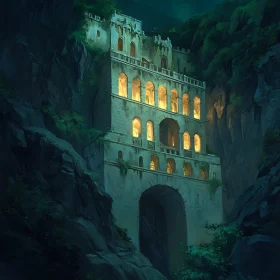 Illuminated Ancient Building Amidst Cliffs at Night