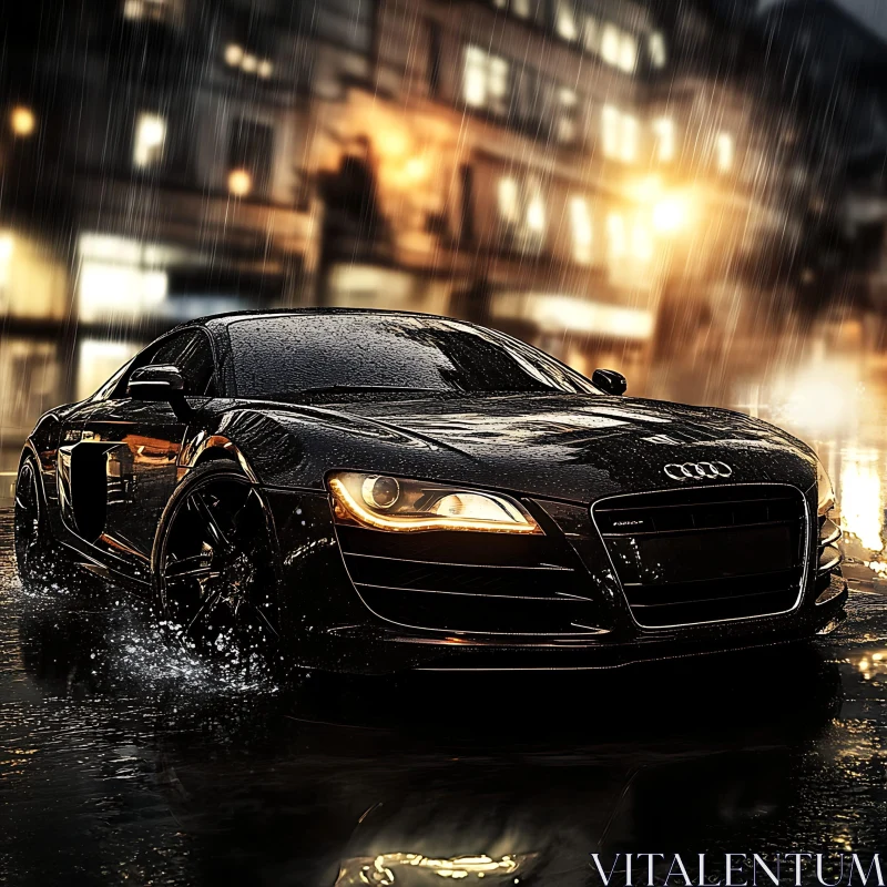Black Luxury Car at Night in Rain