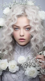 Beautiful White Girl with Curly Hair and Flowers - Monochromatic Composition
