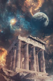 Otherworldly Temple Ruins with Planet and Stars