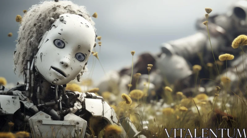 Photorealistic Scene - Robot Amidst Blossoming Field in a Post-apocalyptic Backdrop AI Image