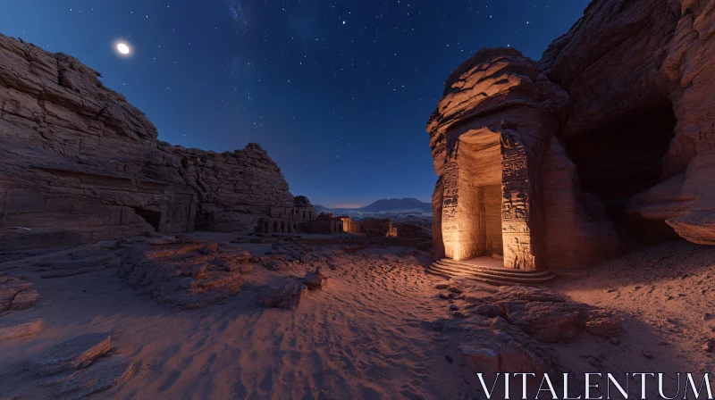 Mystical Night at Ancient Sandstone Ruins AI Image