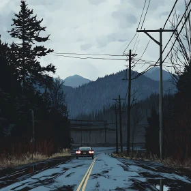 Forest Road with Car under Cloudy Sky in Mountainous Area