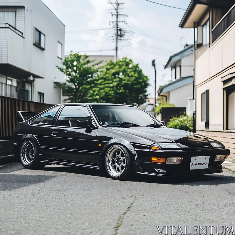 Classic Black Car Parked in Suburban Street AI Image