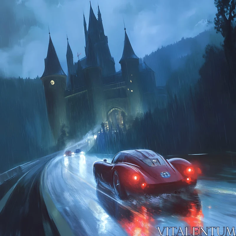 Driving in the Rain Towards an Enigmatic Castle AI Image