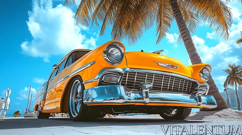 Vintage Yellow Car with Chrome Accents in Tropical Setting AI Image