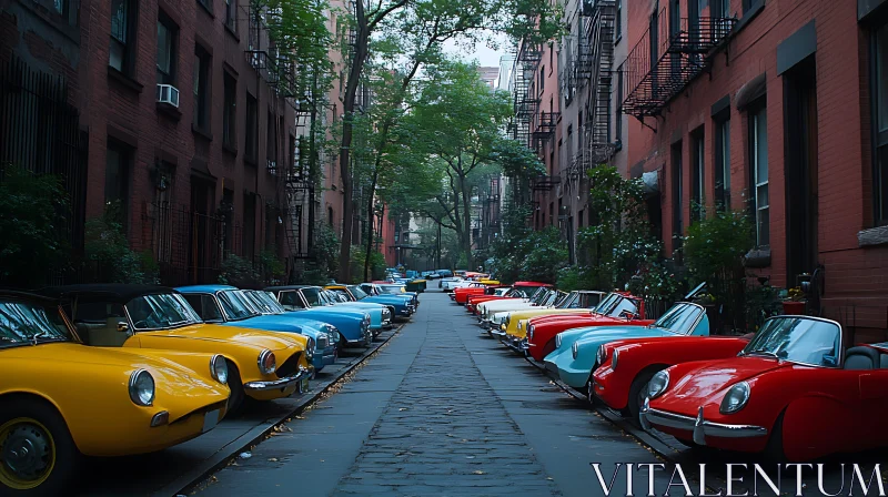 Colorful Vintage Cars Along a Picturesque City Street AI Image