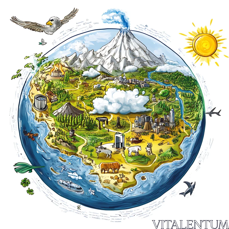 Detailed Earth Map Illustration With Various Elements AI Image