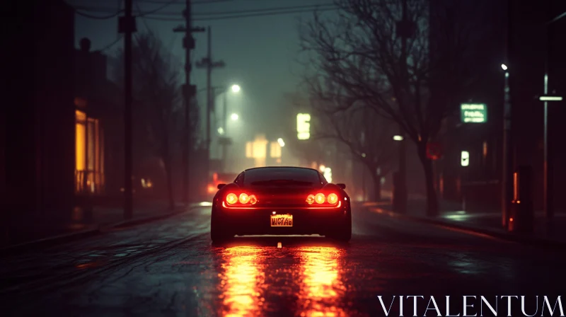 Cinematic Night Drive on a Wet City Street AI Image