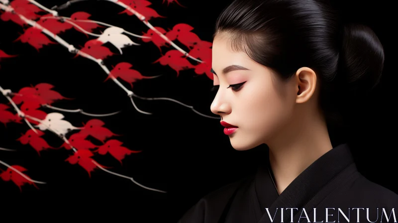 Elegant Geisha Woman in Black Kimono with Red Leaves AI Image