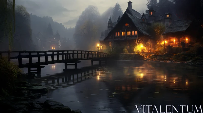 Fantasy Night Landscape: Foggy Forest House AI Image