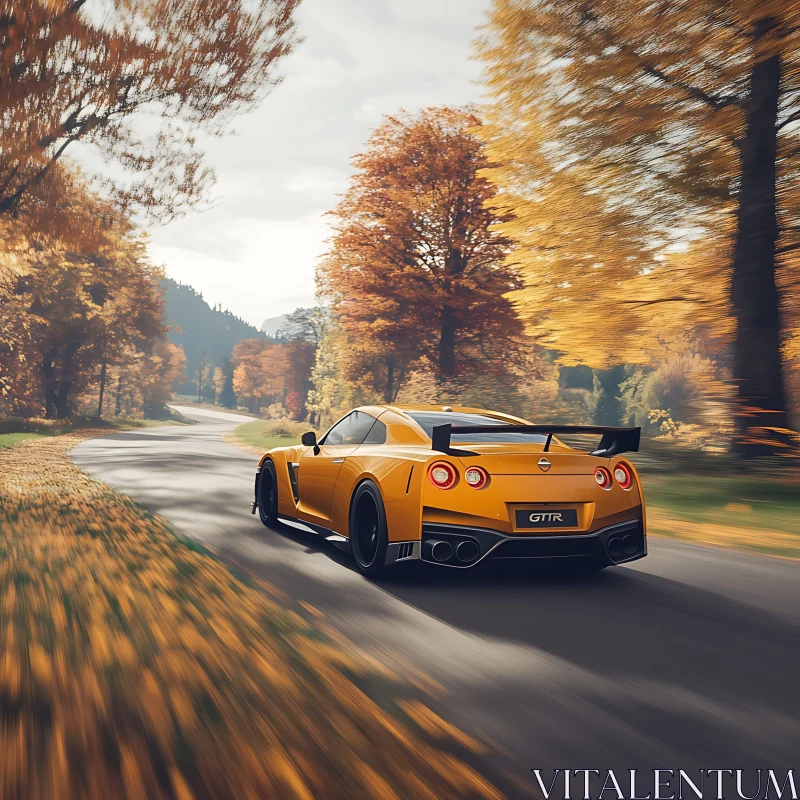 Yellow GTR Racing Down Autumn Lane AI Image