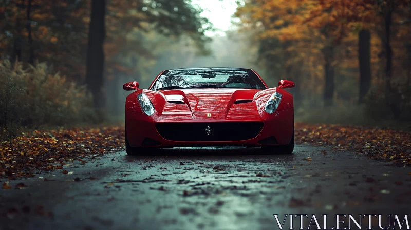 Autumn Foliage Forest with Red Sports Car AI Image