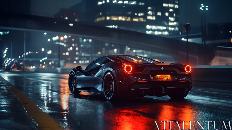 Black Sports Car on Rainy Evening in the City AI Image