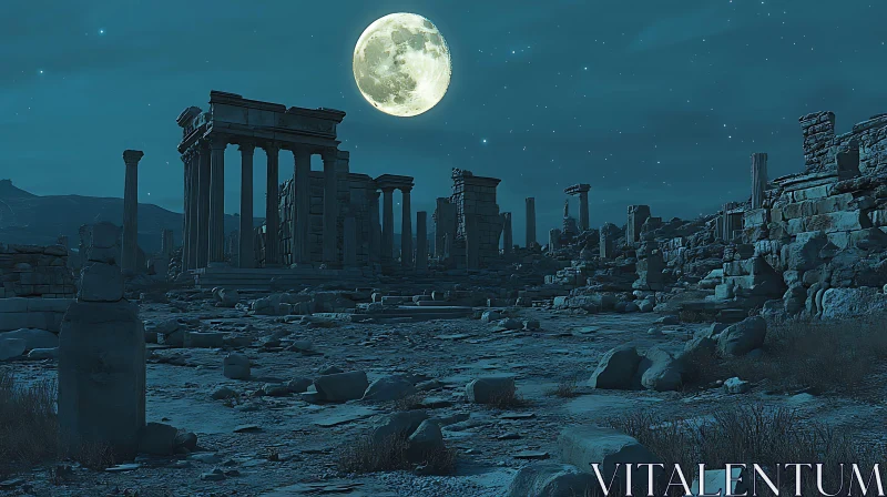 Moonlit Night Over Ancient Ruins AI Image