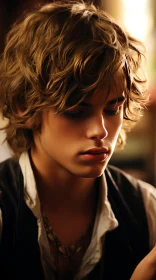 Captivating Portrait of a Young Man with Curly Hair in Soft Focus Romanticism