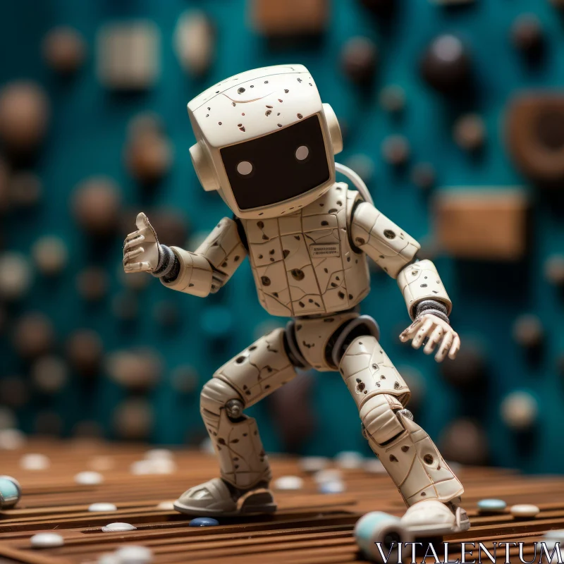Playful Wooden Robot in Minimalistic Monochromatic Setting AI Image