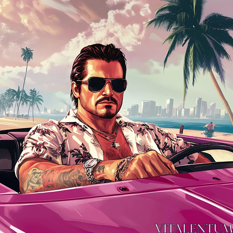 Tattoed Driver in Sunglasses with a Miami Vibe AI Image