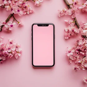 Cherry Blossoms and Smartphone on Pink Background