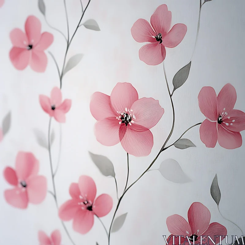 Delicate Pink Flowers and Green Stems on White AI Image