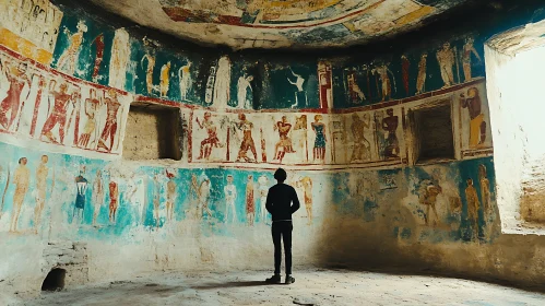 Person Admiring Egyptian Murals in Tomb