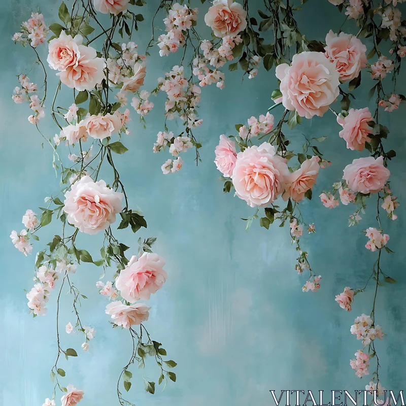 Ethereal Pink Roses on Teal AI Image