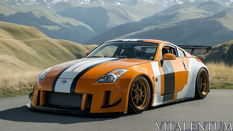 Sporty Car with Racing Stripes Amidst Mountains AI Image