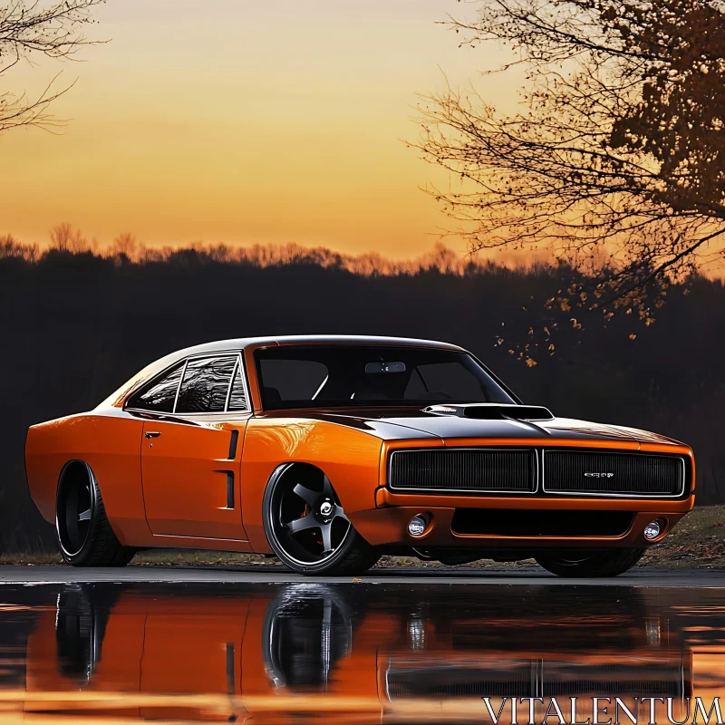 Sunset Reflections of a Classic Muscle Car AI Image