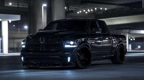 Modern Black Truck with LED Lights in Urban Setting